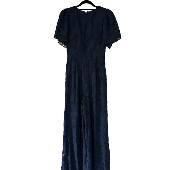 Lulus Navy Blue Floral Burnout Wide Leg Jumpsuit XS V-Neck Flutter Sleeve Formal